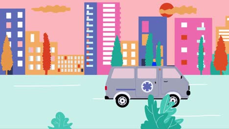 ambulance past by empty streets in city during summer sunset. outbreak coronavirus in city. cartoon animation, flat design, loop 4k