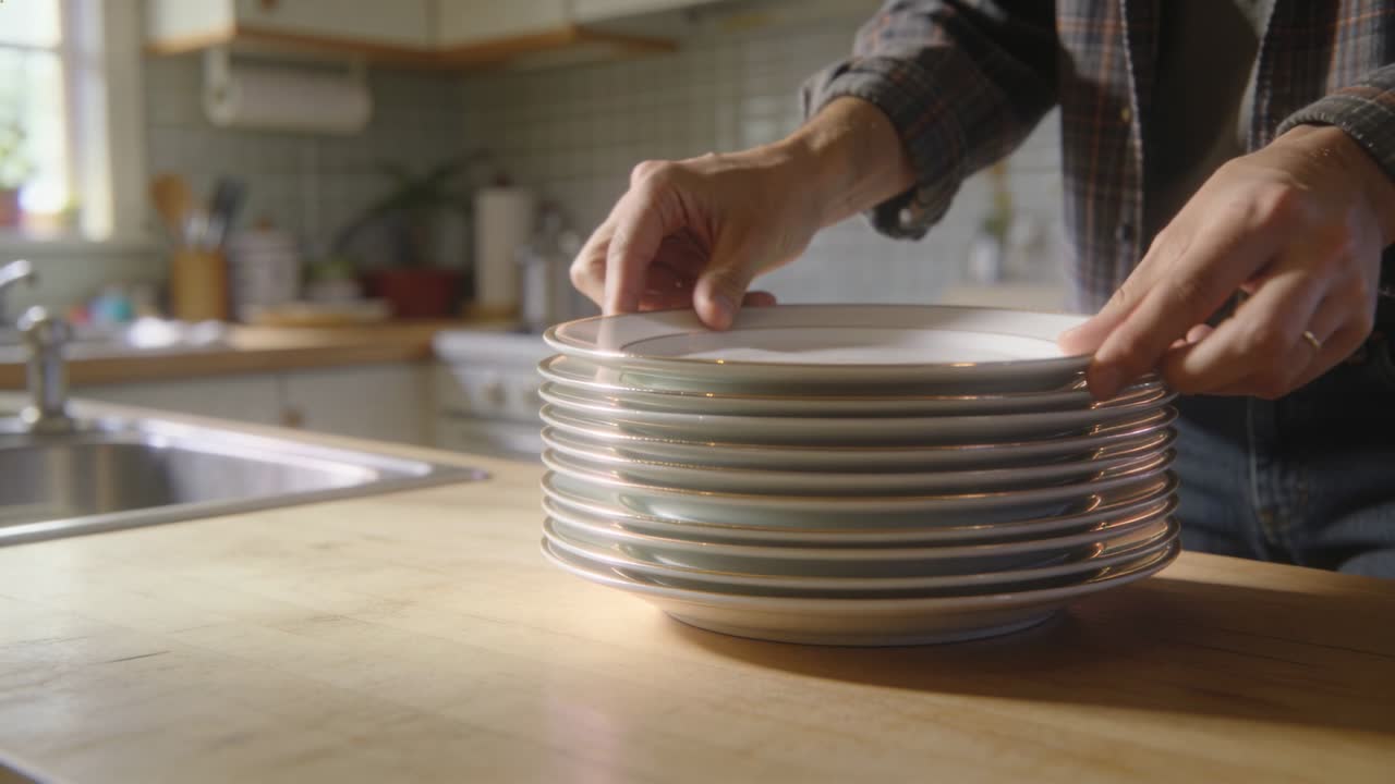 Recogiendo un plato, manos con camisa a cuadros apilando platos blancos en una encimera de madera junto a la ventana del fregadero.