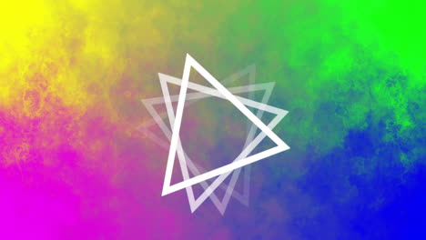 white triangle animation over vibrant multicolored gradient background