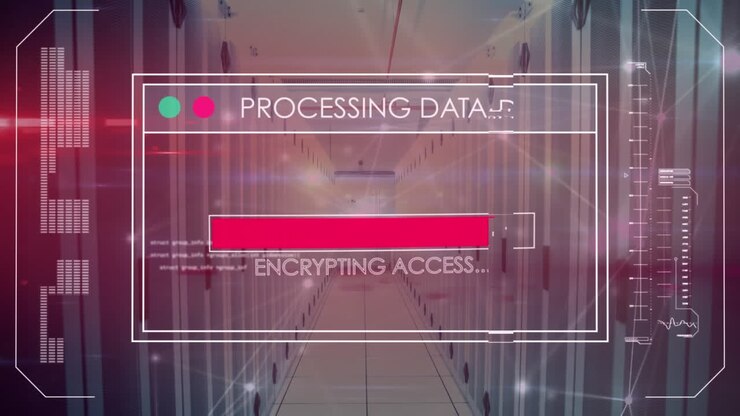 Animation of interface with data processing and glowing network of connections against server room