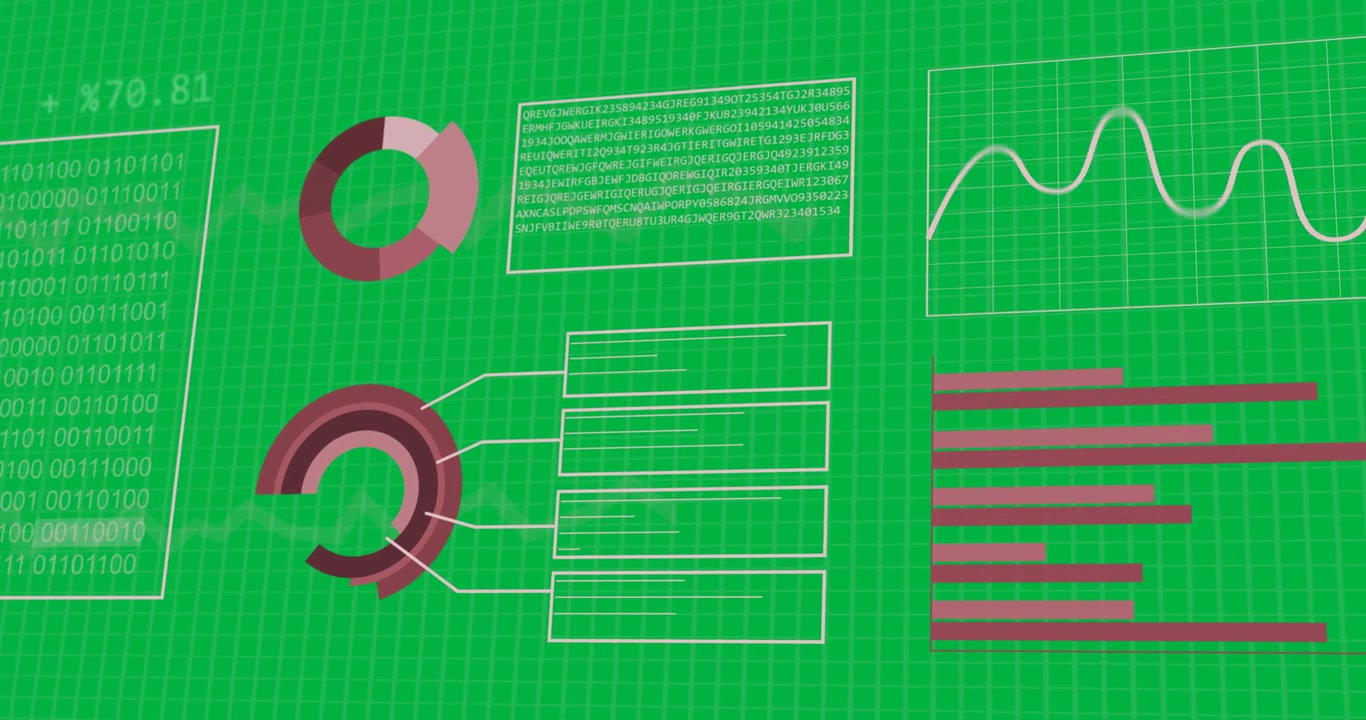 Animation of graphs, statistics and binary coding processing on transparent background