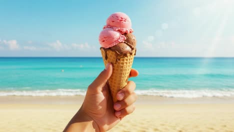 savoring a vibrant and colorful ice cream cone on the sandy beach, soaking up the warm sun while listening to the calming sounds of the ocean waves nearby