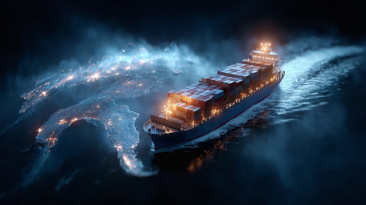 Majestic Container Ship Navigating Through a Mysterious, Luminous Waterway Illuminated by Twinkling Lights and Enigmatic Fog, Symbolizing Global Trade and Connectivity