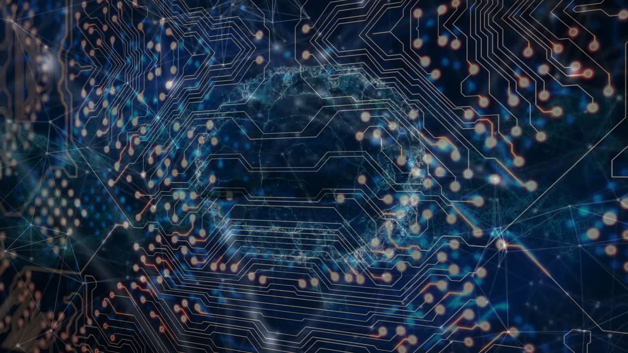 Animation of circuit board patterns overlaying digital globe in technology network