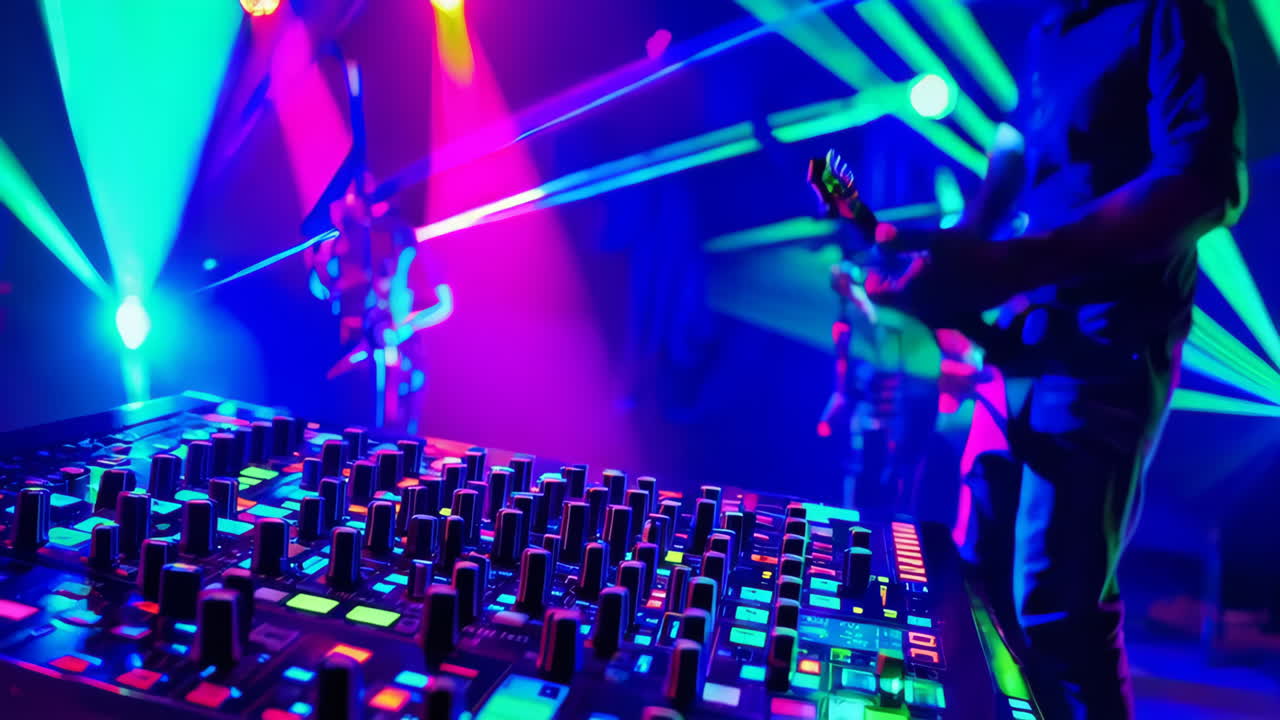 DJ Performance at Nightclub with Colorful Laser Lights