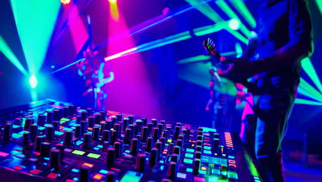 dj performance at nightclub with colorful laser lights
