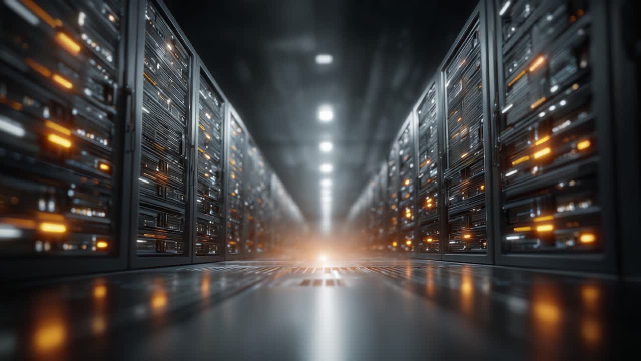 Exploring a Modern Data Center: An Illuminated Aisle between Rows of High-Tech Servers Showcasing Advanced Networking and Storage Solutions