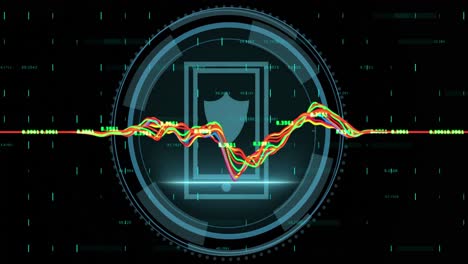 Animation-of-data-processing-and-security-shield-icon-over-round-scanner-against-black-background