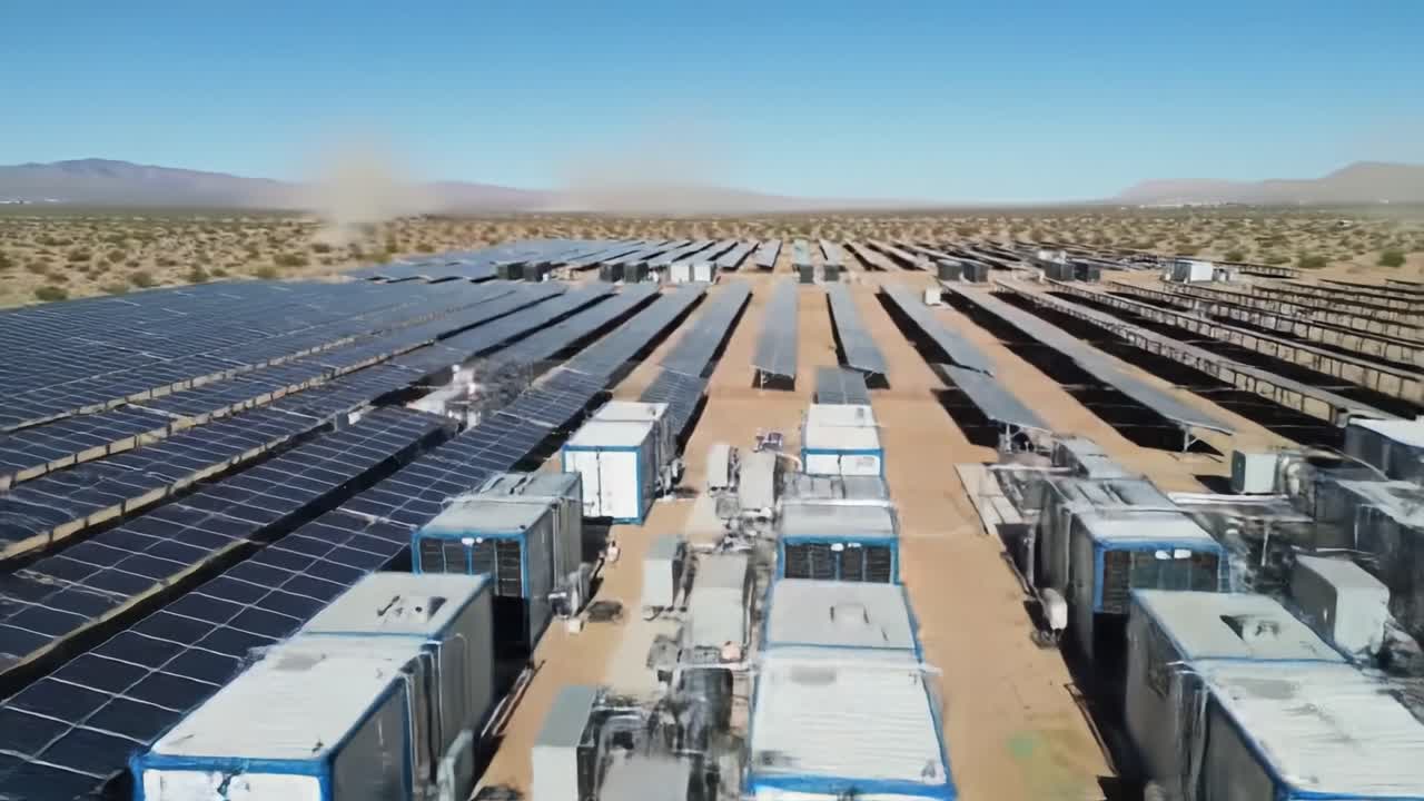 Solar panels stretch across the arid landscape, showcasing renewable energy solutions. Advanced storage units enhance efficiency in this vast, sunny setting under a clear blue sky.
