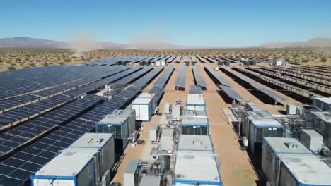 solar panels stretch across the arid landscape, showcasing renewable energy solutions. advanced storage units enhance efficiency in this vast, sunny setting under a clear blue sky.