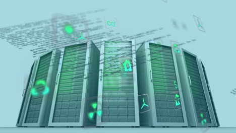 animazione di eco-icone e elaborazione dei dati su server informatici.