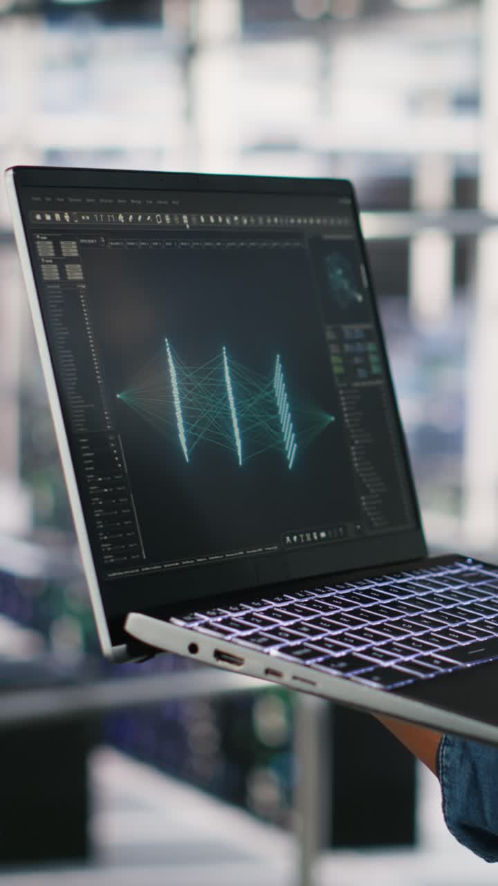 Vertical video Close up of admin using laptop to monitor neural network LLM visualization