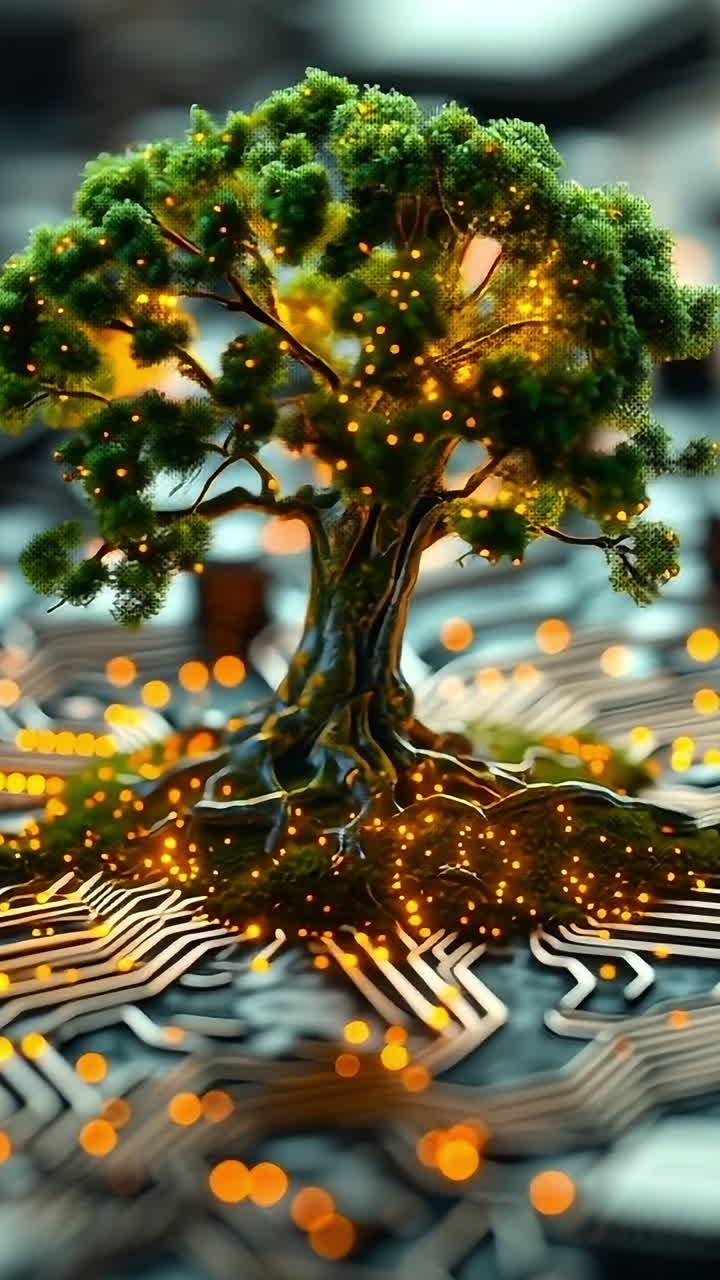 Tree on circuit board glows. A tree emerges from a circuit board, illuminated by glowing lights, symbolizing the fusion of nature and technology.