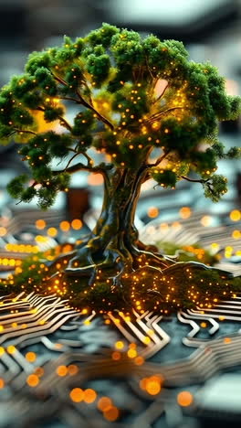 tree on circuit board glows. a tree emerges from a circuit board, illuminated by glowing lights, symbolizing the fusion of nature and technology.