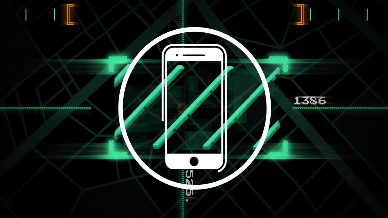 검은색 배경의 데이터 처리에 대한 스마트폰 아이콘의 애니메이션