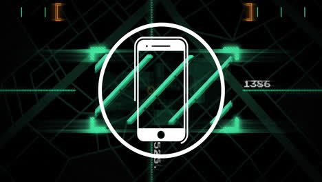 animation of smartphone icon over data processing on black background