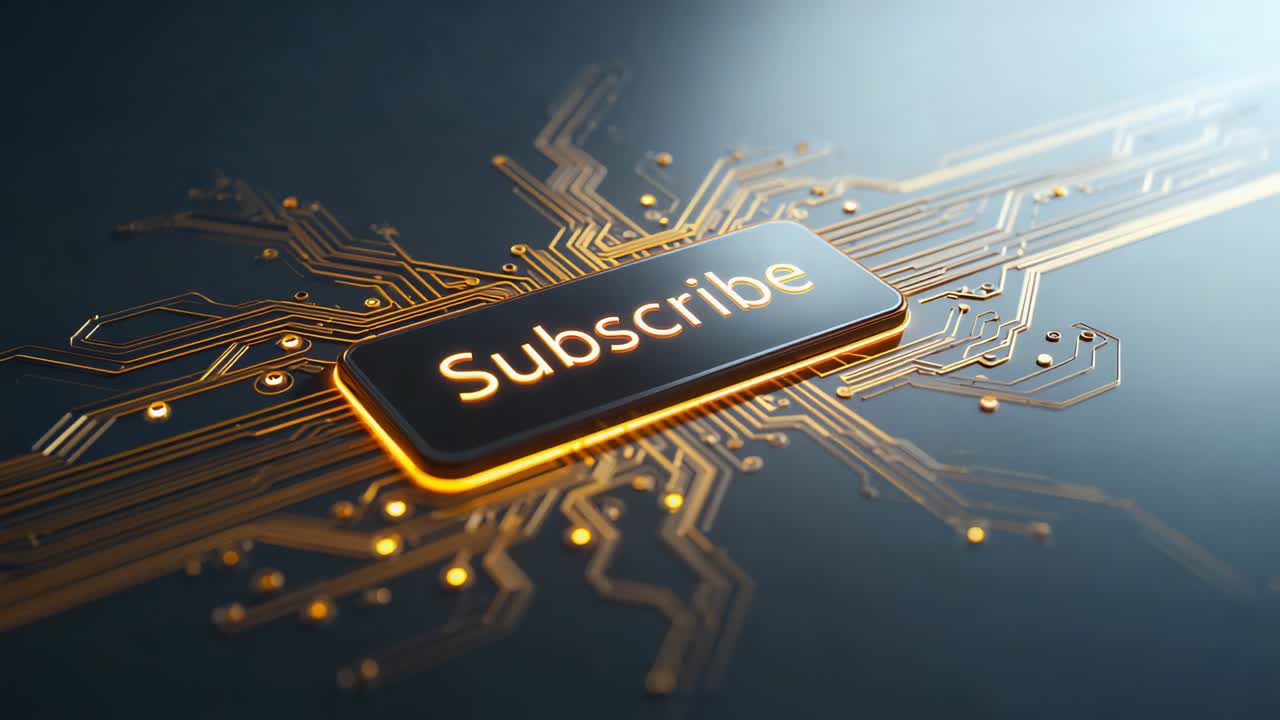Tilting and zooming shot revealing Subscribe button glowing on circuit board, encouraging signup