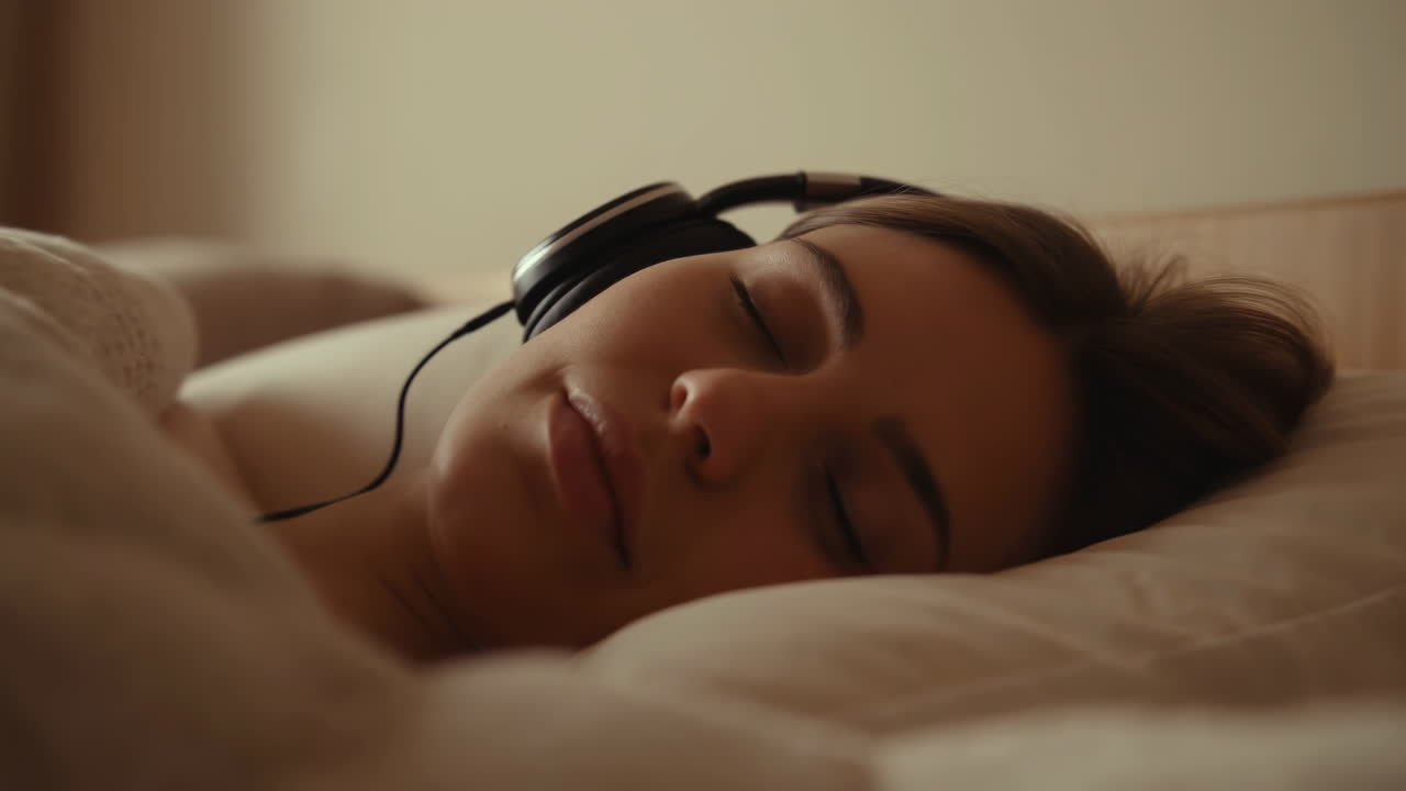 Mulher Dormindo Usando Fones De Ouvido E Ouvindo Música Em Cama Aconchegante Sob Luz Matinal Quente, Travesseiros Macios E Edredom