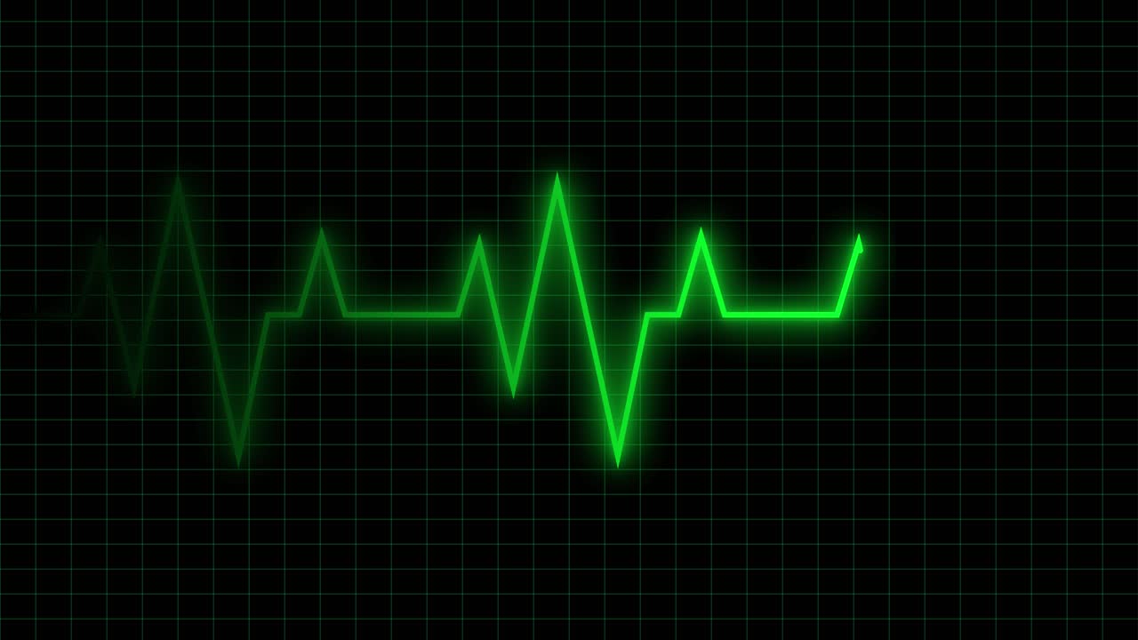 Línea de EKG verde animada en monitor de cuadrícula negra.