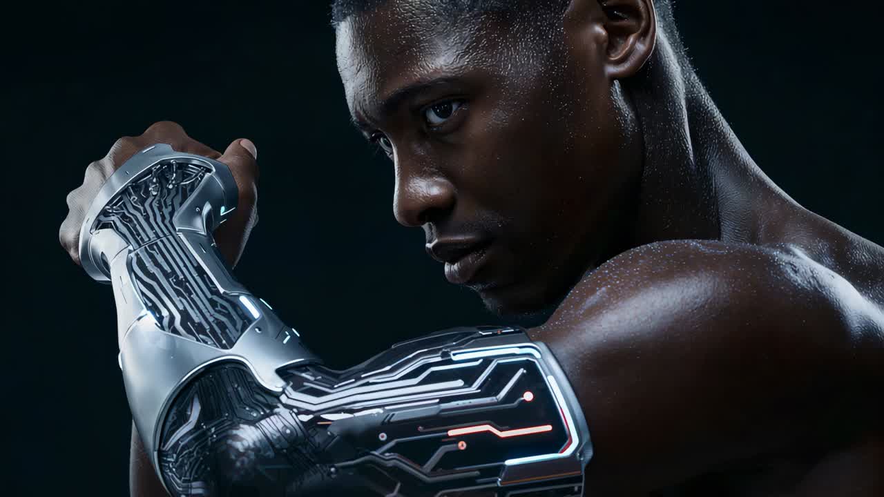 Clenching fist, shirtless man adjusting prosthetic arm in studio, testing LED circuitry, copy space