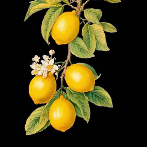 vibrant lemons on branch animated overlay, transparent 4k video, alpha channel, prores 4444