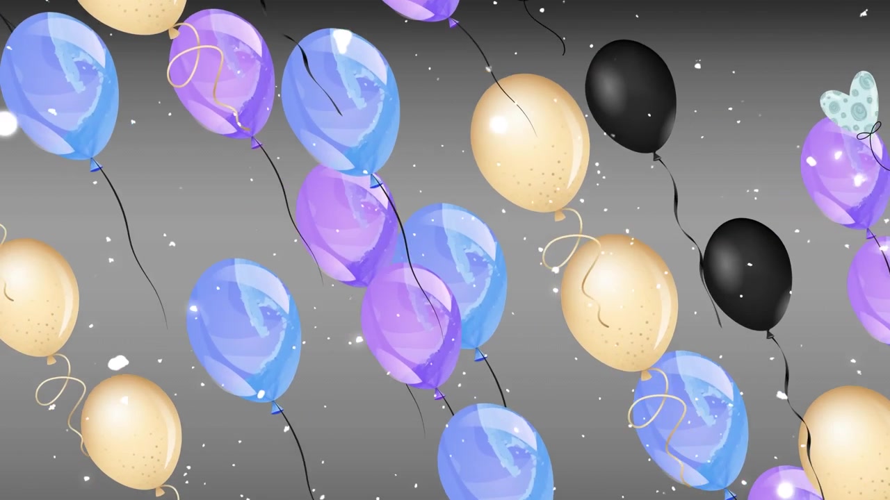 Animazione di palloncini che volano su neve che cade su sfondo grigio.