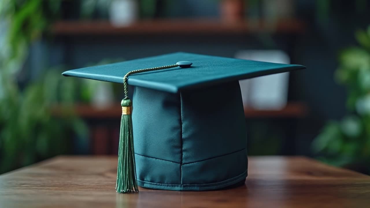 Graduation Cap on Wooden Table
