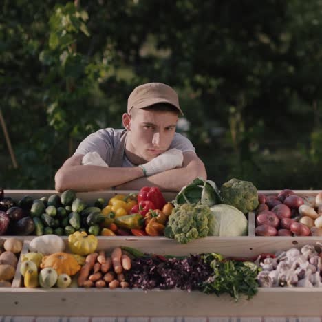 Sad salesman sits at the counter at the farmers market