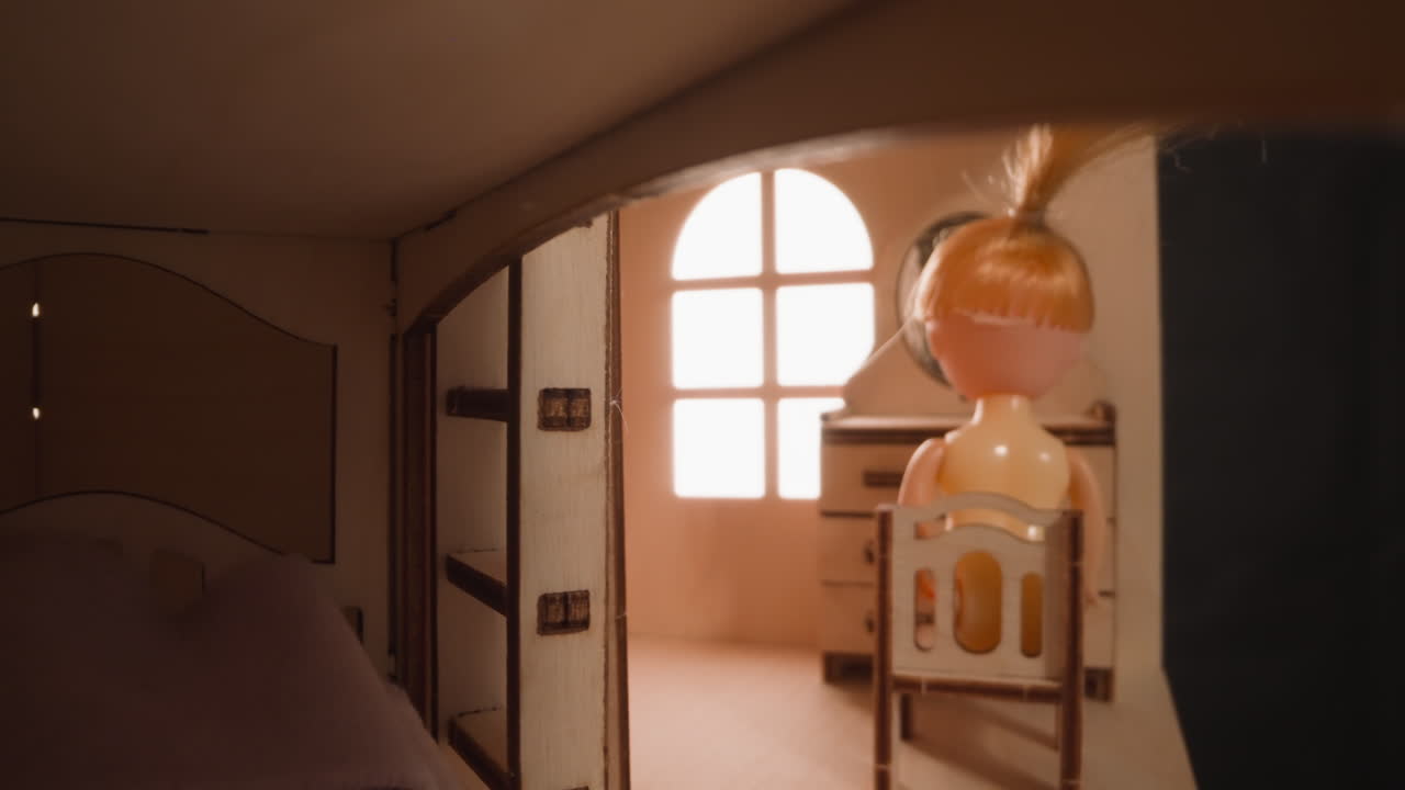 포니테일을 가진 인형이 장난감집의 드레싱 테이블에 앉아 있습니다.