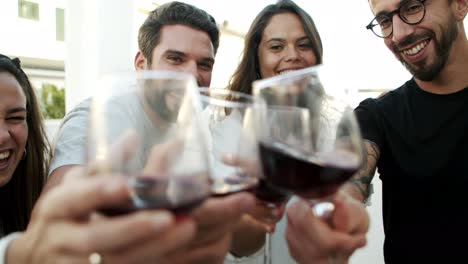 amigos alegres brindando a la cámara con vasos de vino tinto
