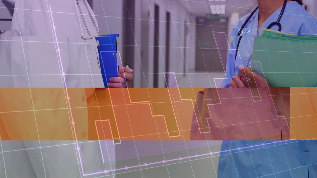 Medical professionals discussing patient charts with data analysis animation overlay