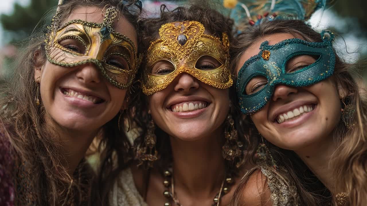 Amici festeggiano insieme indossando maschere colorate durante una festa