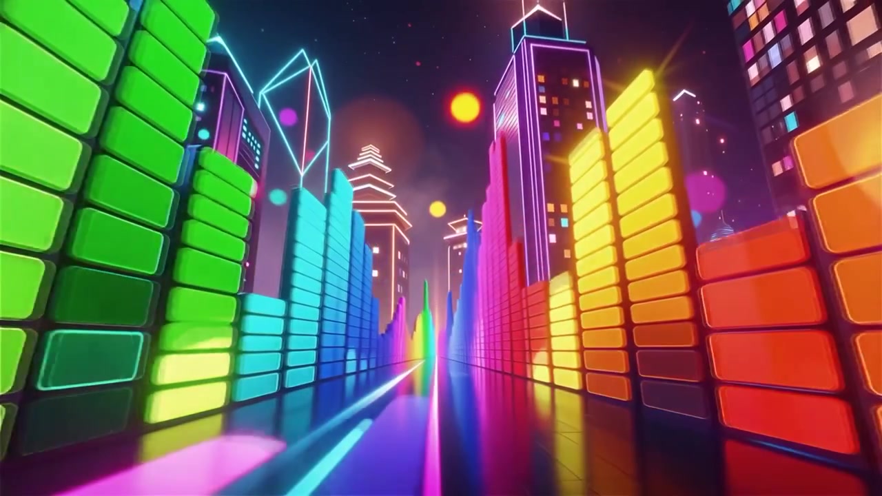 Fundo Futurista com Visualizador de Equalizador de Música Neon Arco-Íris.