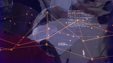 network of connections and data processing animation over people working at desk