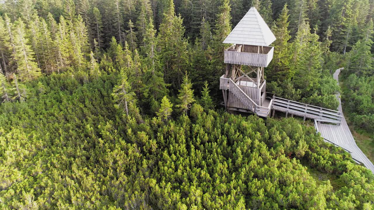 wooden panoramic tower on a pine tree forest. Lovrenska Lakes