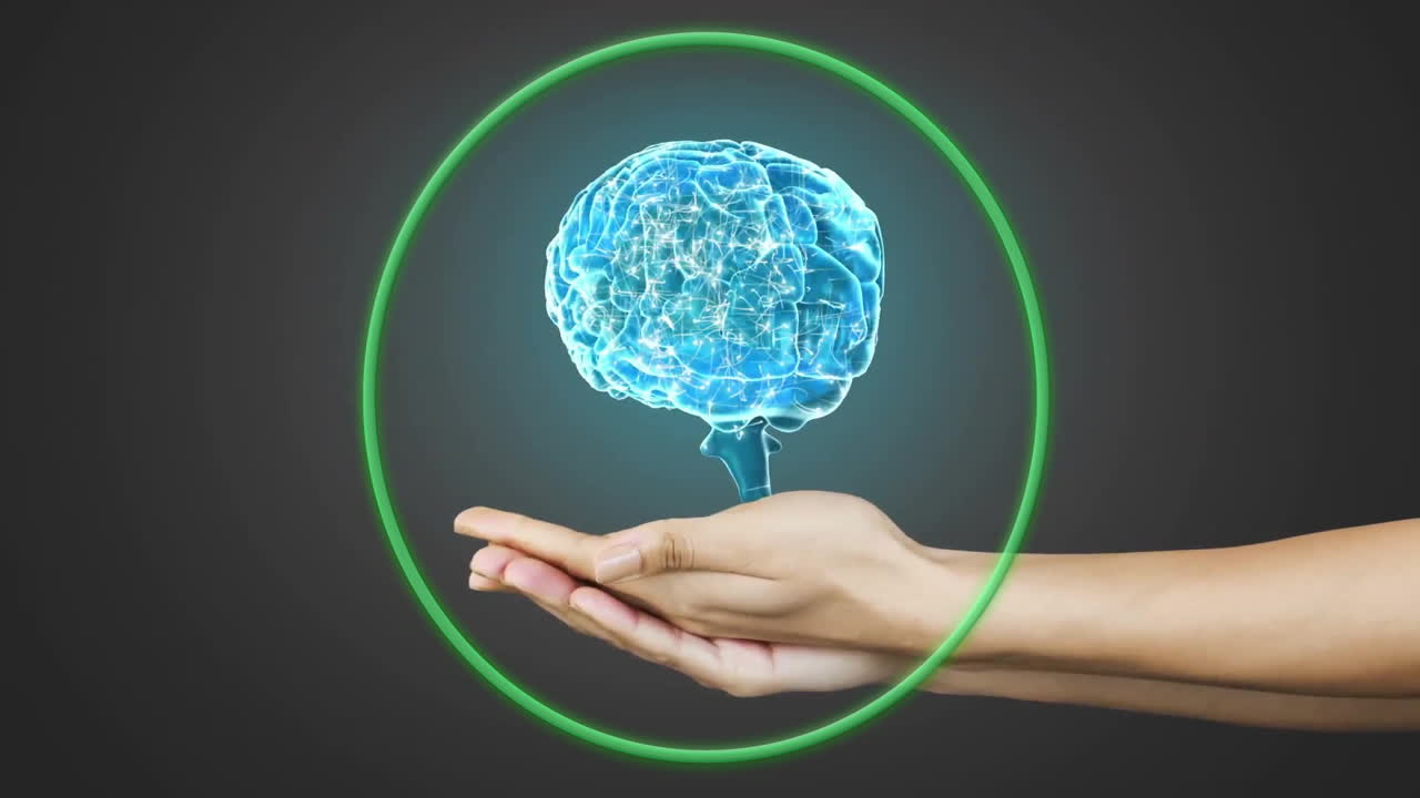 Holding glowing brain hologram, hand inside green circle on dark background