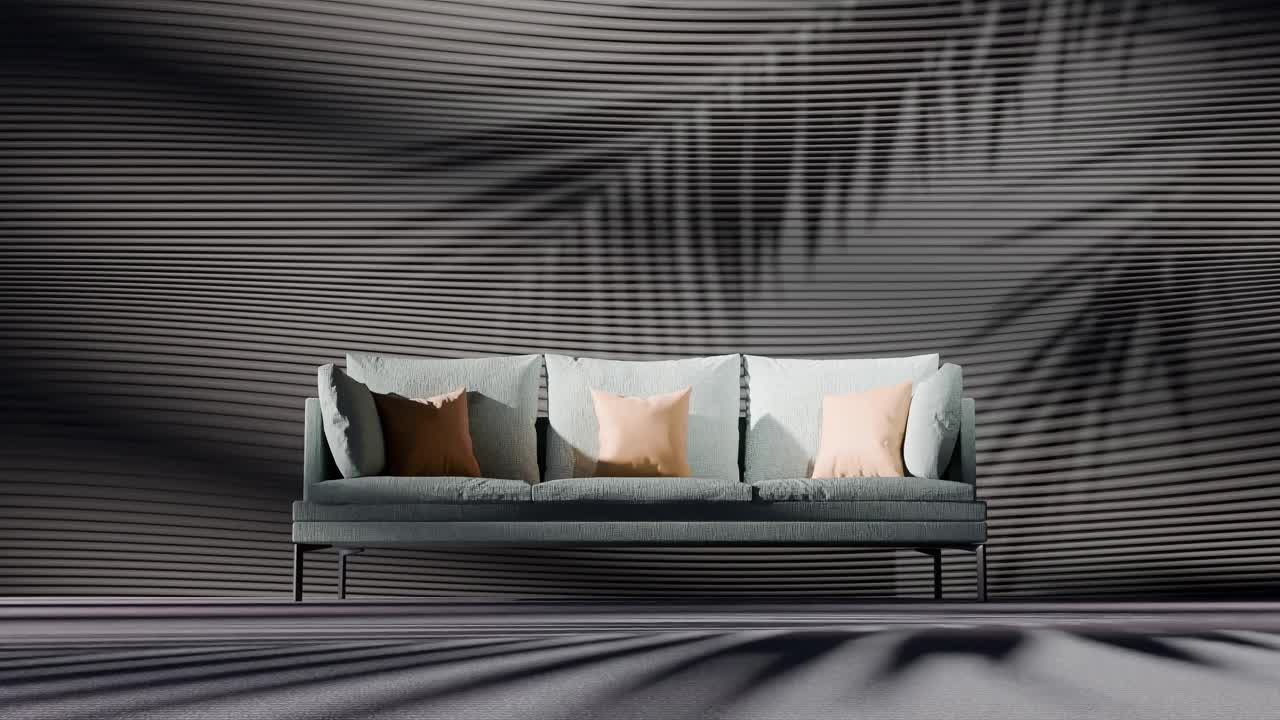 Green sofa with beige and brown pillows in front of black wall with palm leaf shadows. Interior design scene. Summer vacation, wallpaper, banner, background. Front view with copy space
