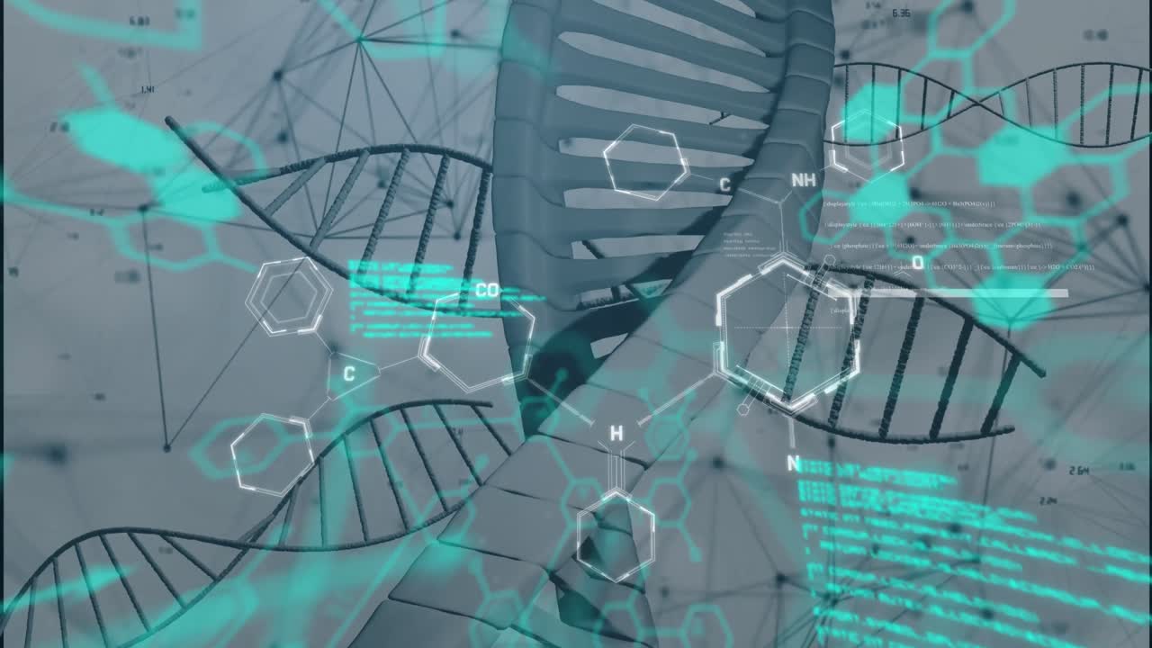 회색 배경에 떠다니는 데이터 처리, dna 및 화학 구조의 애니메이션