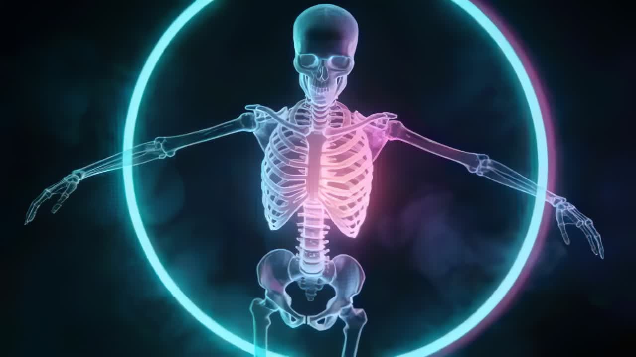 Rotating translucent skeleton turning in fog studio while neon ring shifting, pulsing ribcage light