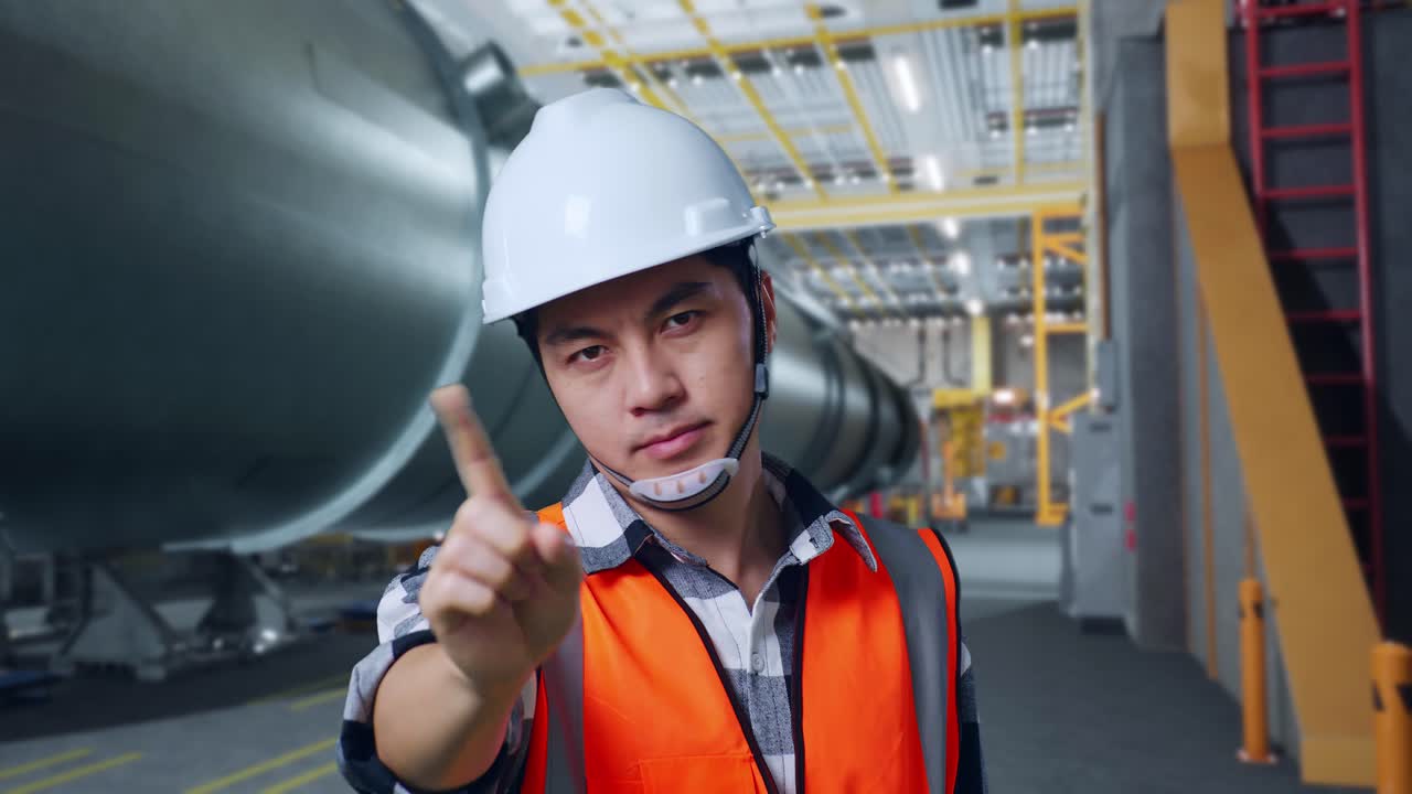 안전 헬을 입은 아시아 남성 엔지니어가 파이프 제조 공장에서 서 있는 동안 지표손가락 표시 없이 불쾌감을 표한다.