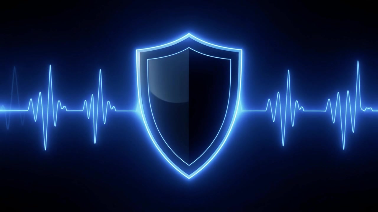 Glowing Blue Shield Icon with EKG Heartbeat Line Animation