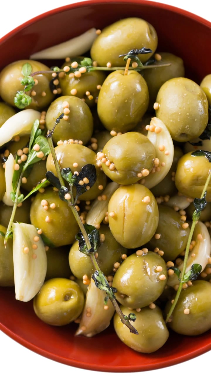 Animazione di olive verdi in ciotola su sfondo bianco