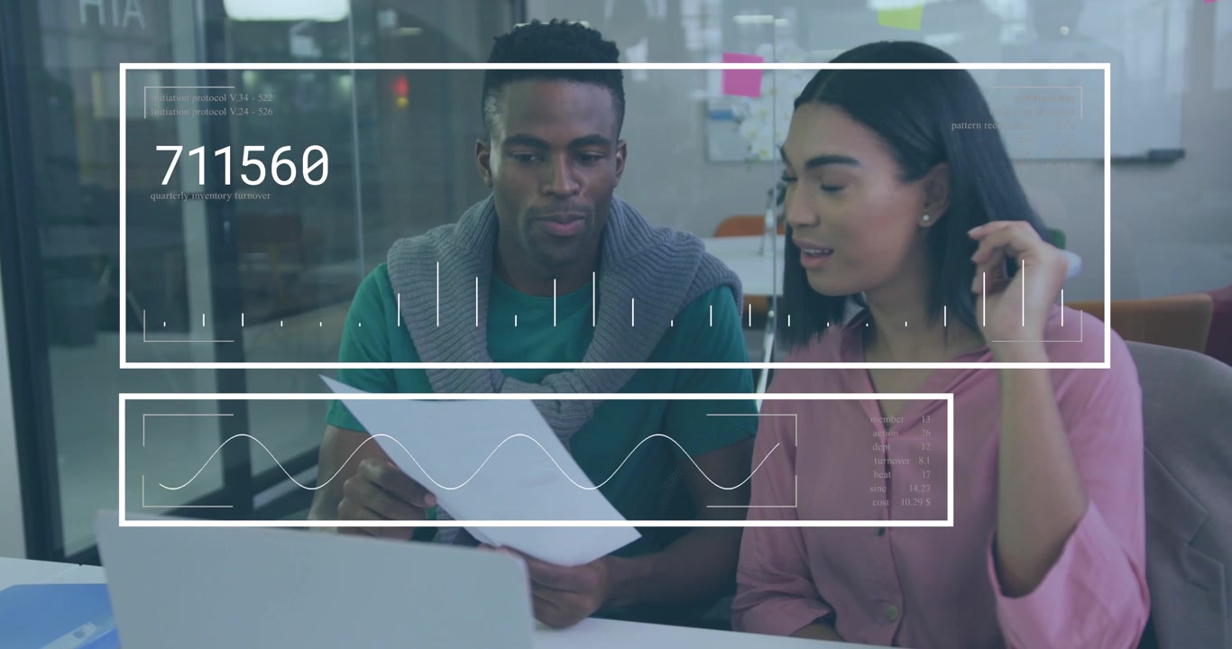 Animation of data processing over diverse business people in office