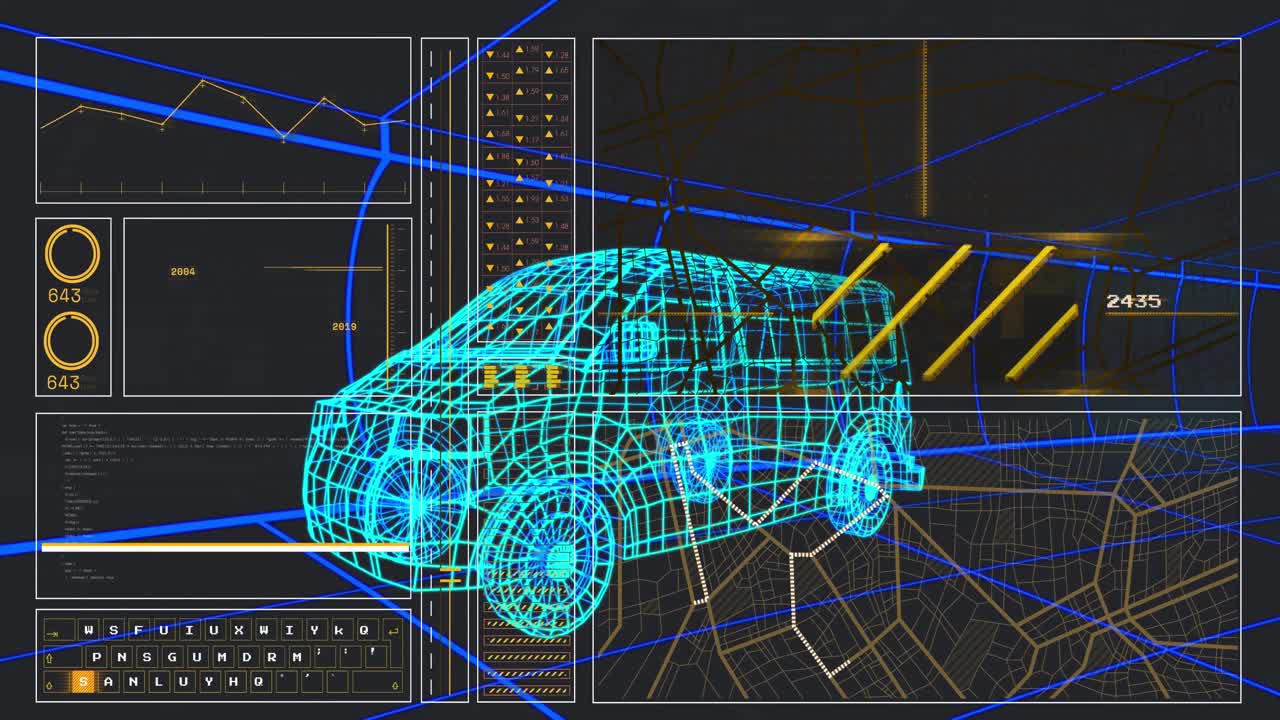 animación de un modelo 3d de coche con interfaz digital y procesamiento de datos