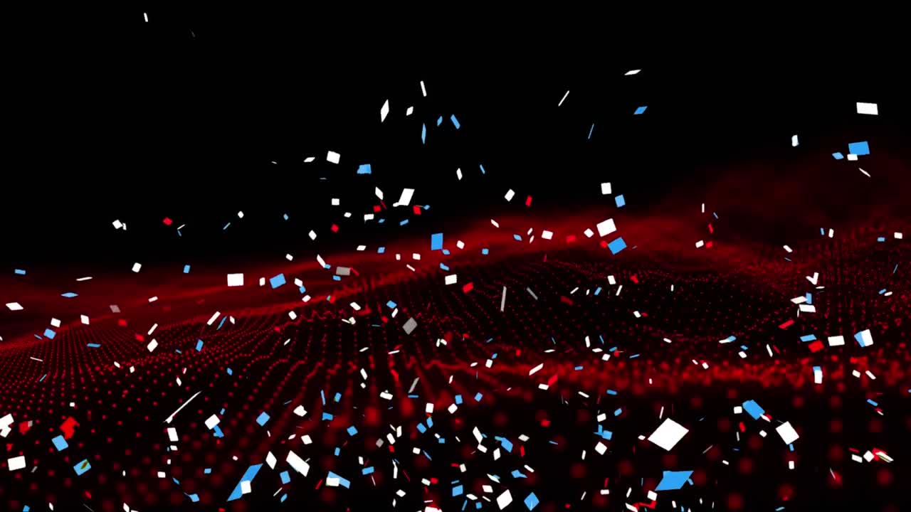 빨간색,  ⁇ 색, 파란색 콘페티의 애니메이션이 검은색 배경의 빨간색 풍경 위에 떨어집니다.