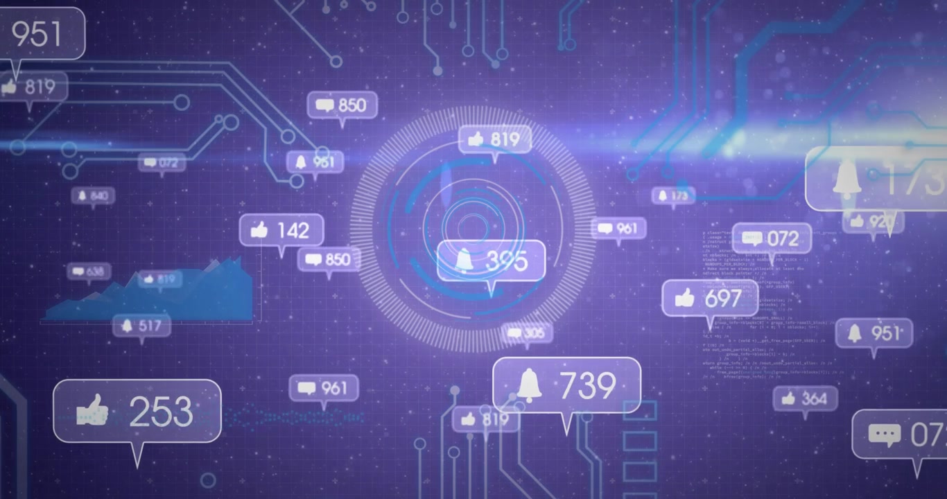Purple field starting circular HUD pulsing while notification badges updating live engagement stats