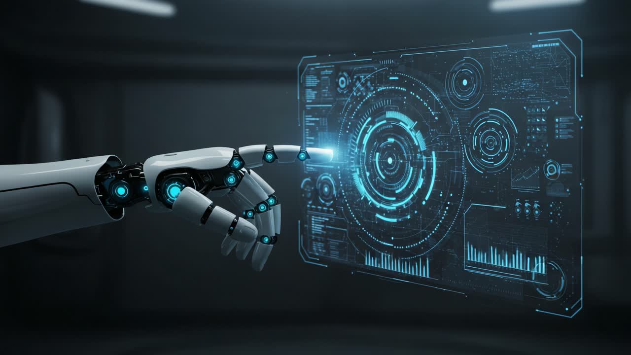Futuristic Robotics Interaction: Advanced Robotic Hand Engaged with High-Tech Interface Displaying Dynamic Data in a High-Tech Environment