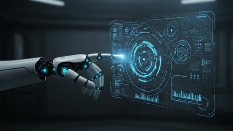 futuristic robotics interaction: advanced robotic hand engaged with high-tech interface displaying dynamic data in a high-tech environment