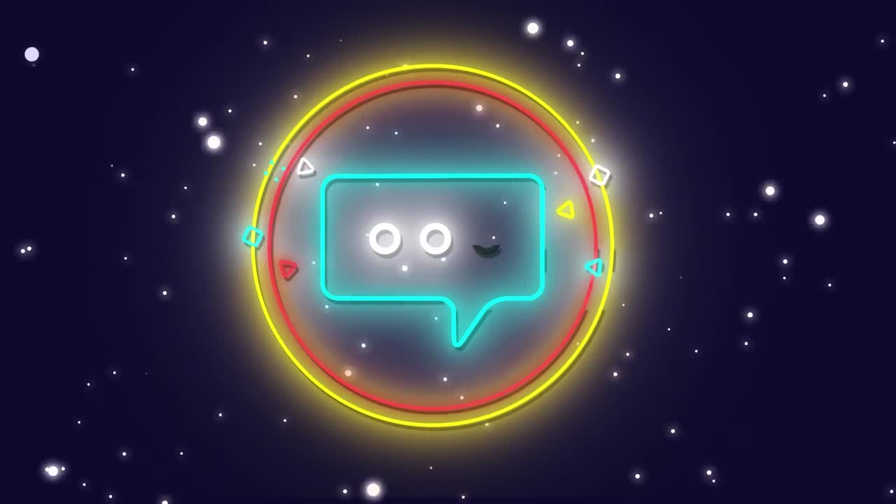 Animazione di un'icona di messaggio digitale al neon blu tremolante in un cerchio luminoso