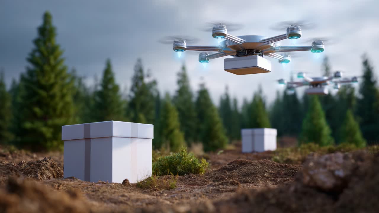Consegna aerea: droni che trasportano pacchi in un rigoglioso ambiente forestale con pini e nuvole soffici, che mostrano la tecnologia avanzata nella logistica